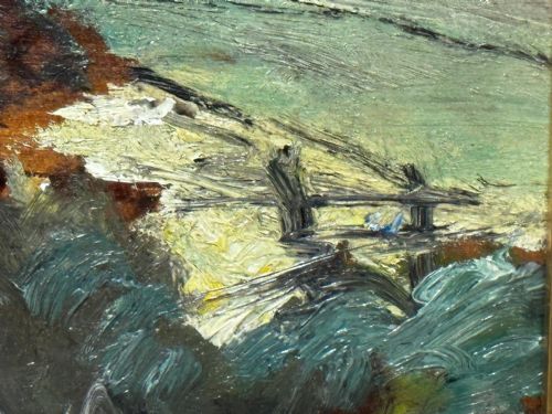 fig 10. An impressionist oil painting depicting a black and white Friesian cow grazing in a field, set within a heavily moulded gilt frame.