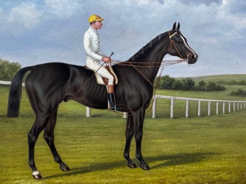 19TH CENTURY OIL PAINTING RACE HORSE HARVESTER JOCKEY DERBY WINNER - ADDITIONAL PHOTO 11