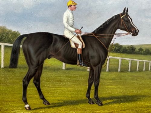19TH CENTURY OIL PAINTING RACE HORSE HARVESTER JOCKEY DERBY WINNER - ADDITIONAL PHOTO 12