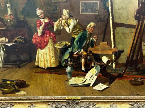 19TH CENTURY ITALIAN MUTUAL ADMIRATION OIL PAINTING BY POMPEO MASSANI - ADDITIONAL PHOTO 5