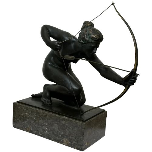 BRONZE SCULPTURE DIANA GODDESS HOLDING BOW ARROW SIGNED R HENN