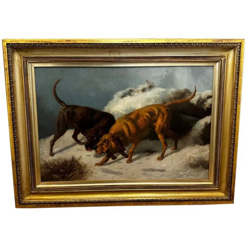 large victorian oil painting hound dogs in snow winter scottish moors - CATEGORY: ANTIQUE ART - DATED VICTORIAN