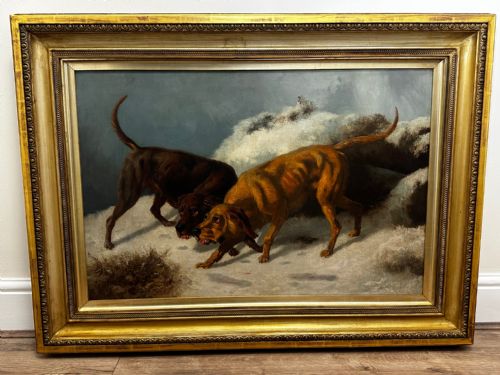 LARGE VICTORIAN OIL PAINTING HOUND DOGS IN SNOW WINTER SCOTTISH MOORS - ADDITIONAL PHOTO 1