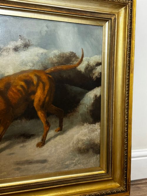 LARGE VICTORIAN OIL PAINTING HOUND DOGS IN SNOW WINTER SCOTTISH MOORS - ADDITIONAL PHOTO 2