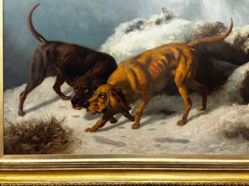 LARGE VICTORIAN OIL PAINTING HOUND DOGS IN SNOW WINTER SCOTTISH MOORS - ADDITIONAL PHOTO 3
