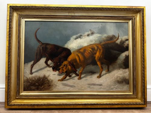 LARGE VICTORIAN OIL PAINTING HOUND DOGS IN SNOW WINTER SCOTTISH MOORS - ADDITIONAL PHOTO 4