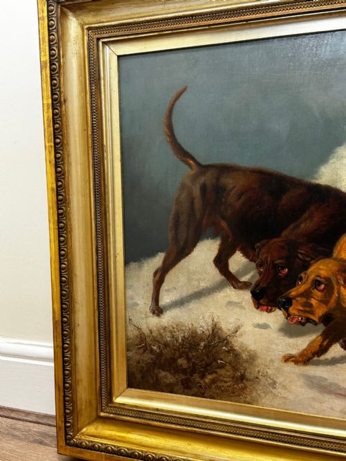 LARGE VICTORIAN OIL PAINTING HOUND DOGS IN SNOW WINTER SCOTTISH MOORS - ADDITIONAL PHOTO 6