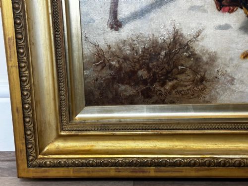 LARGE VICTORIAN OIL PAINTING HOUND DOGS IN SNOW WINTER SCOTTISH MOORS - ADDITIONAL PHOTO 7