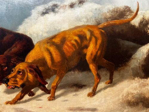 LARGE VICTORIAN OIL PAINTING HOUND DOGS IN SNOW WINTER SCOTTISH MOORS - ADDITIONAL PHOTO 9