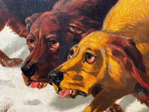 LARGE VICTORIAN OIL PAINTING HOUND DOGS IN SNOW WINTER SCOTTISH MOORS - ADDITIONAL PHOTO 10