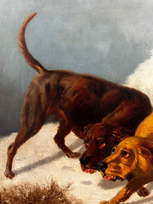 LARGE VICTORIAN OIL PAINTING HOUND DOGS IN SNOW WINTER SCOTTISH MOORS - ADDITIONAL PHOTO 11