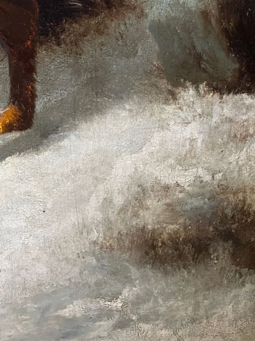 LARGE VICTORIAN OIL PAINTING HOUND DOGS IN SNOW WINTER SCOTTISH MOORS - ADDITIONAL PHOTO 12