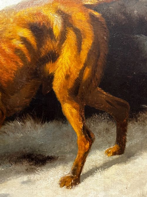 LARGE VICTORIAN OIL PAINTING HOUND DOGS IN SNOW WINTER SCOTTISH MOORS - ADDITIONAL PHOTO 20
