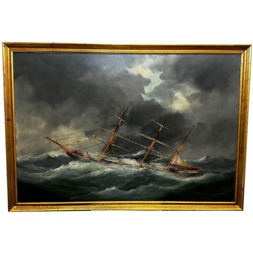 oil painting ship in bay biscay attributed douard marie adam - CATEGORY: ANTIQUE ART - DATED VICTORIAN