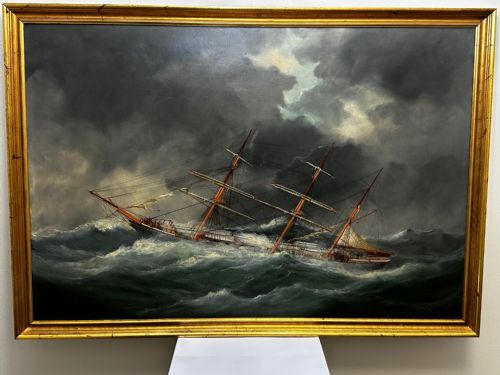 OIL PAINTING SHIP IN BAY BISCAY ATTRIBUTED DOUARD MARIE ADAM - ADDITIONAL PHOTO 1