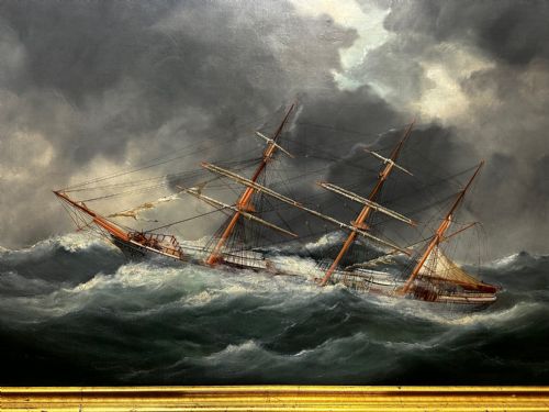 OIL PAINTING SHIP IN BAY BISCAY ATTRIBUTED DOUARD MARIE ADAM - ADDITIONAL PHOTO 2