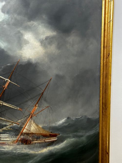 OIL PAINTING SHIP IN BAY BISCAY ATTRIBUTED DOUARD MARIE ADAM - ADDITIONAL PHOTO 3