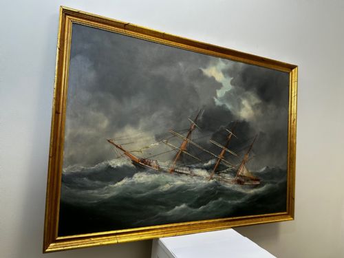 OIL PAINTING SHIP IN BAY BISCAY ATTRIBUTED DOUARD MARIE ADAM - ADDITIONAL PHOTO 4