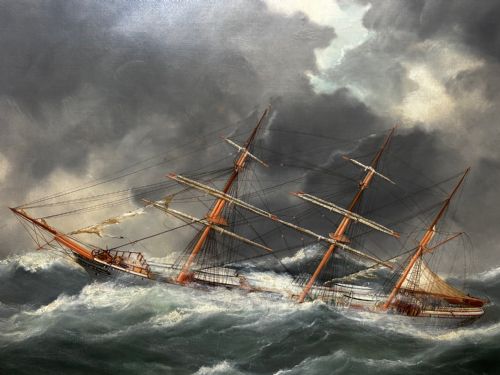 OIL PAINTING SHIP IN BAY BISCAY ATTRIBUTED DOUARD MARIE ADAM - ADDITIONAL PHOTO 5