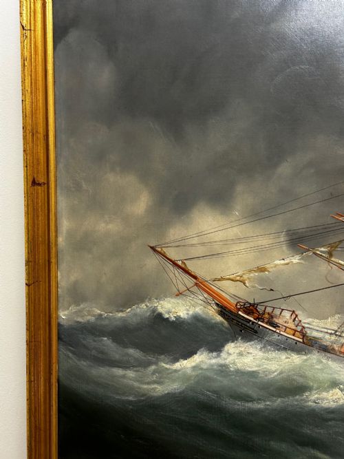 OIL PAINTING SHIP IN BAY BISCAY ATTRIBUTED DOUARD MARIE ADAM - ADDITIONAL PHOTO 6