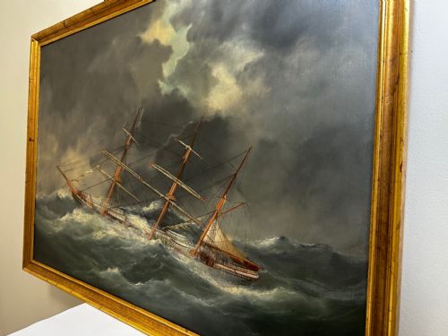 OIL PAINTING SHIP IN BAY BISCAY ATTRIBUTED DOUARD MARIE ADAM - ADDITIONAL PHOTO 9