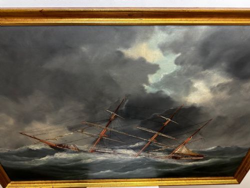 OIL PAINTING SHIP IN BAY BISCAY ATTRIBUTED DOUARD MARIE ADAM - ADDITIONAL PHOTO 10