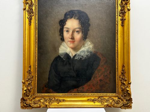 VICTORIAN OIL PAINTING PORTRAIT GRACEFUL YOUNG BRUNETTE LADY BLUE EYES - ADDITIONAL PHOTO 2