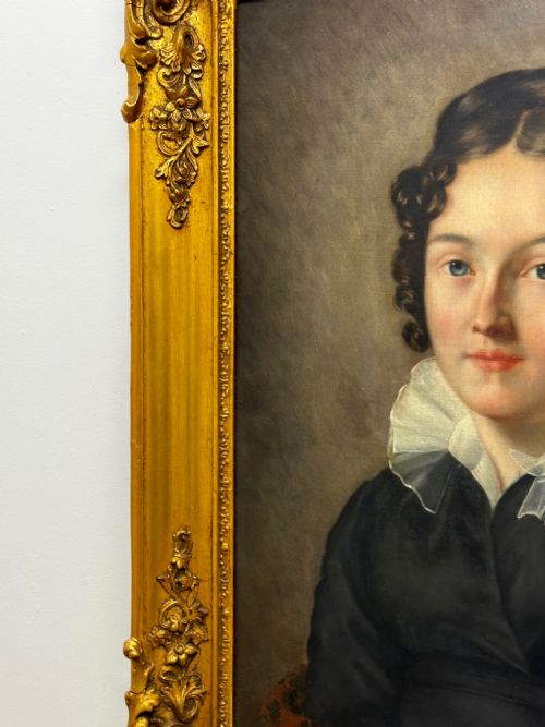 VICTORIAN OIL PAINTING PORTRAIT GRACEFUL YOUNG BRUNETTE LADY BLUE EYES - ADDITIONAL PHOTO 4