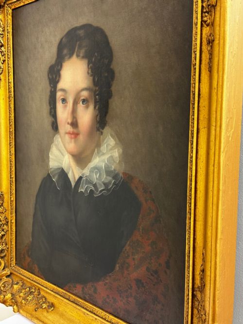VICTORIAN OIL PAINTING PORTRAIT GRACEFUL YOUNG BRUNETTE LADY BLUE EYES - ADDITIONAL PHOTO 14