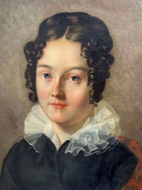 VICTORIAN OIL PAINTING PORTRAIT GRACEFUL YOUNG BRUNETTE LADY BLUE EYES - ADDITIONAL PHOTO 17