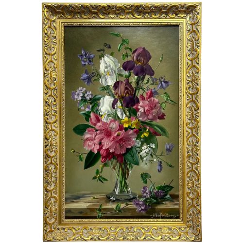 oil painting flowers lilies irises lilacs hibiscus by albert williams - CATEGORY: ANTIQUE ART - DATED 1950