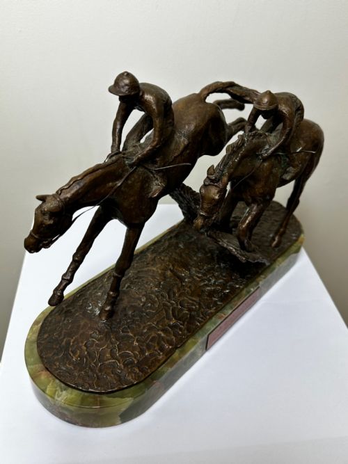 fig 1. Equine Bronze Race Horses & Jockeys Galloping Triumph Hurdle Sculpture