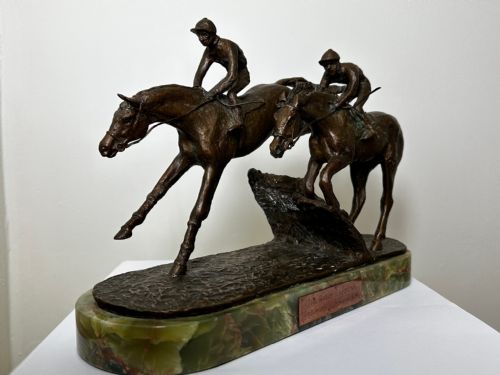 fig 2. Equine Bronze Race Horses & Jockeys Galloping Triumph Hurdle Sculpture
