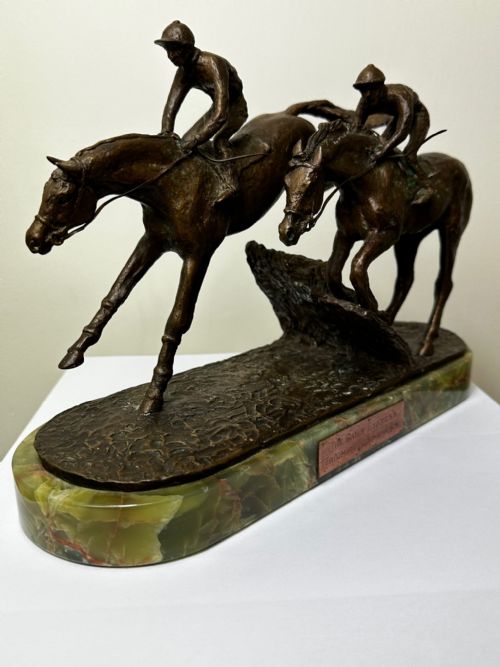 fig 4. Equine Bronze Race Horses & Jockeys Galloping Triumph Hurdle Sculpture
