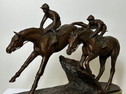 fig 5. Equine Bronze Race Horses & Jockeys Galloping Triumph Hurdle Sculpture