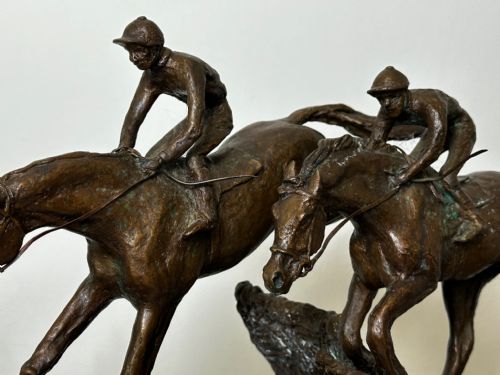 fig 6. Equine Bronze Race Horses & Jockeys Galloping Triumph Hurdle Sculpture