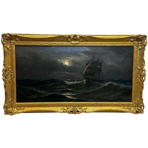oil painting marine ship sailing by moonlight by john davidson liddell - CATEGORY: ANTIQUE ART - DATED VICTORIAN