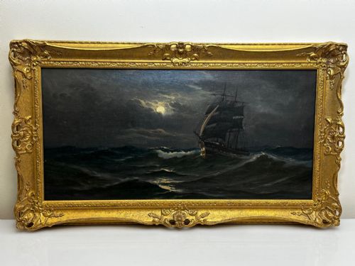 OIL PAINTING MARINE SHIP SAILING BY MOONLIGHT BY JOHN DAVIDSON LIDDELL - ADDITIONAL PHOTO 1