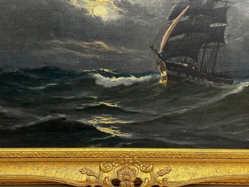 OIL PAINTING MARINE SHIP SAILING BY MOONLIGHT BY JOHN DAVIDSON LIDDELL - ADDITIONAL PHOTO 3