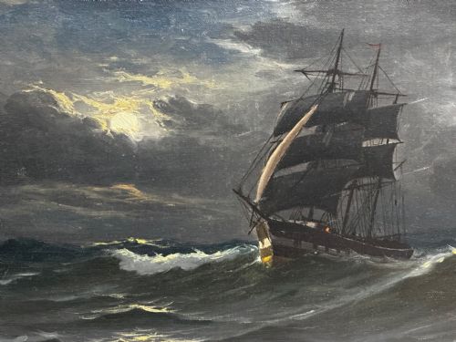 OIL PAINTING MARINE SHIP SAILING BY MOONLIGHT BY JOHN DAVIDSON LIDDELL - ADDITIONAL PHOTO 5