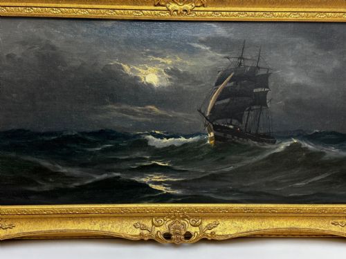 OIL PAINTING MARINE SHIP SAILING BY MOONLIGHT BY JOHN DAVIDSON LIDDELL - ADDITIONAL PHOTO 6