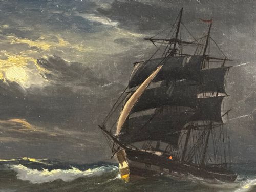 OIL PAINTING MARINE SHIP SAILING BY MOONLIGHT BY JOHN DAVIDSON LIDDELL - ADDITIONAL PHOTO 7