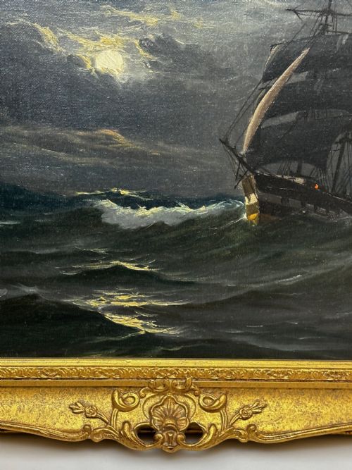 OIL PAINTING MARINE SHIP SAILING BY MOONLIGHT BY JOHN DAVIDSON LIDDELL - ADDITIONAL PHOTO 10