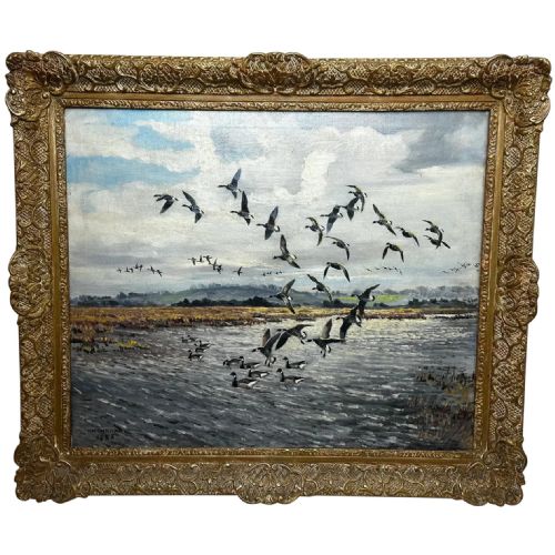 oil painting brent geese brancaster staithe wetlands by hugh monahan - CATEGORY: ANTIQUE ART - DATED 1950