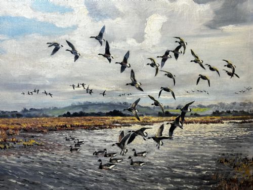 OIL PAINTING BRENT GEESE BRANCASTER STAITHE WETLANDS BY HUGH MONAHAN - ADDITIONAL PHOTO 10