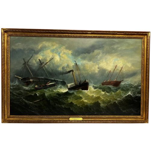 oil painting ship aground rescue goodwin sands by william broome - CATEGORY: ANTIQUE ART - DATED VICTORIAN