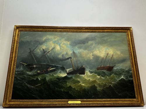 OIL PAINTING SHIP AGROUND RESCUE GOODWIN SANDS BY WILLIAM BROOME - ADDITIONAL PHOTO 10