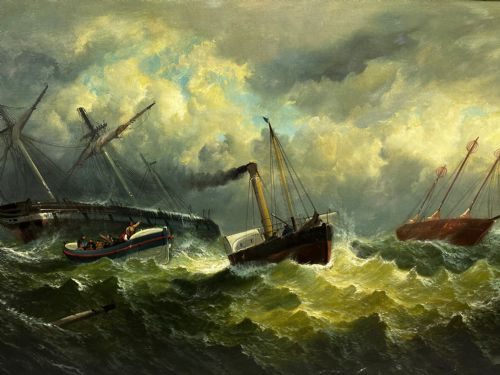 OIL PAINTING SHIP AGROUND RESCUE GOODWIN SANDS BY WILLIAM BROOME - ADDITIONAL PHOTO 12