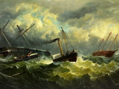 OIL PAINTING SHIP AGROUND RESCUE GOODWIN SANDS BY WILLIAM BROOME - ADDITIONAL PHOTO 14
