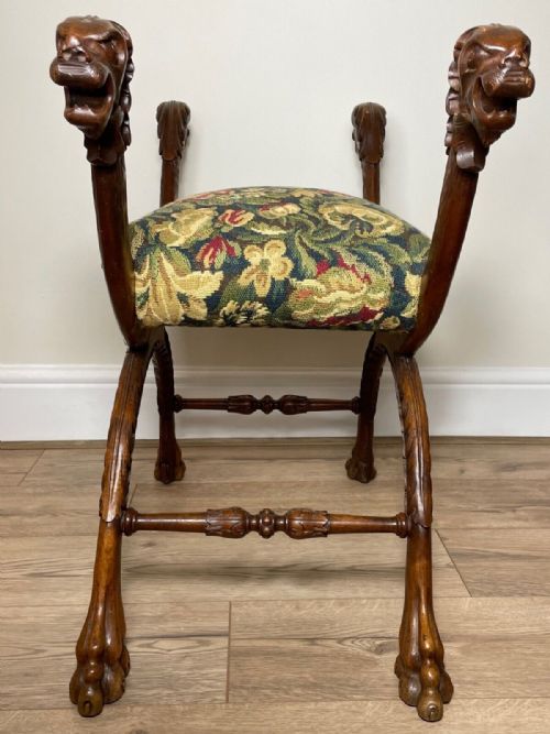 VICTORIAN X FRAME CARVED WALNUT WINDOW STOOL SEAT HUNTING DOG HEADS - ADDITIONAL PHOTO 1